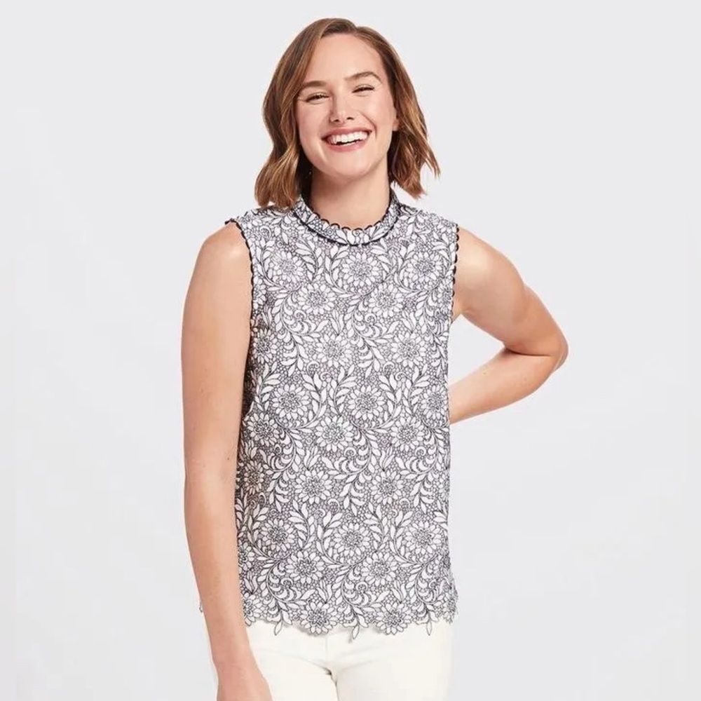 Draper James Floral Lace Top White Blue Sz 4 Feminine Classic Preppy Office